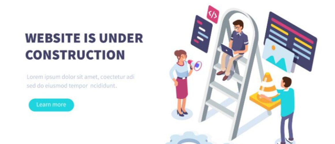 Vector graphic for "Website Is Under Construction". A ladder is set with a man wearing glasses sat on top of the ladder using a laptop. Another man is beside the ladder holding a yellow and white safety cone. A woman is on the opposite side of the ladder using a megaphone. There are graphics next to the ladder representing website design, website development and coding.